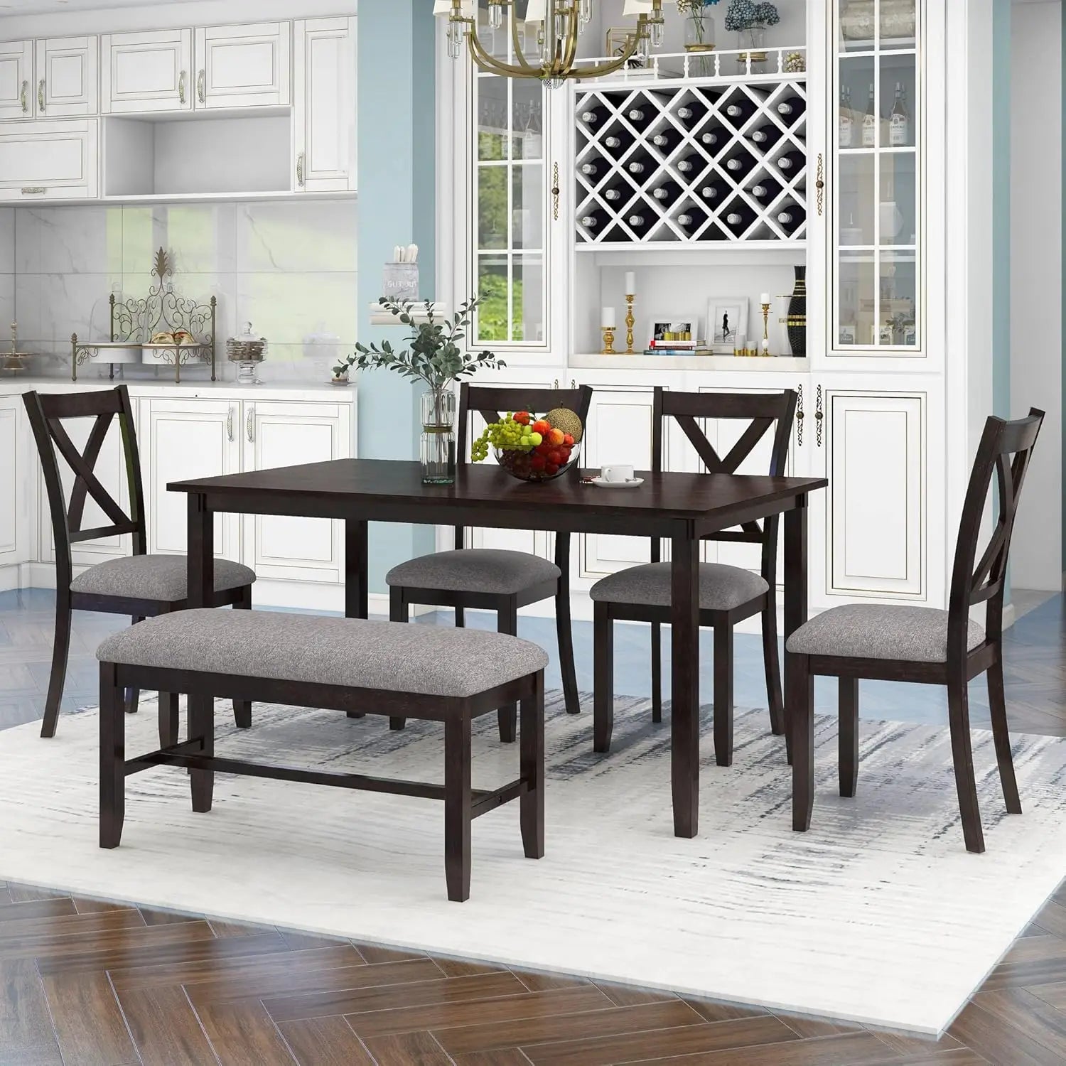 Solid Wood Kitchen Dining Room Table Set with Bench and Chairs for 6 Persons, Dining Table Set with with, Customized