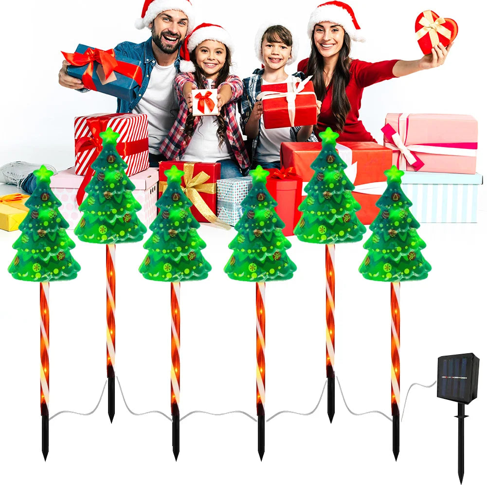 6 Pack Solar Xmas Tree Light 6 Modes LED Solar Powered String Lights USB Rechargeable Xmas Tree Candy Cane Light for Garden Lawn