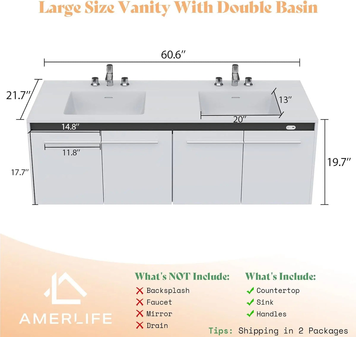 60" LED Floating Bathroom Double Vanity with Sink, Modern High Gloss Wall Mounted Bathroom Storage Cabinet with 3 Hole Sink