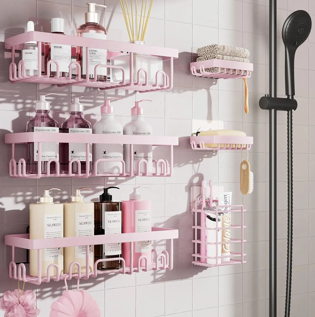 6 Pack Shower Caddy Organizer Rack Shelf for Inside Shower, Adhesive Bathroom Wall Storage Basket Rustproof Stainless Steel Shampoo Holder, Bathroom Accessory Decor Set