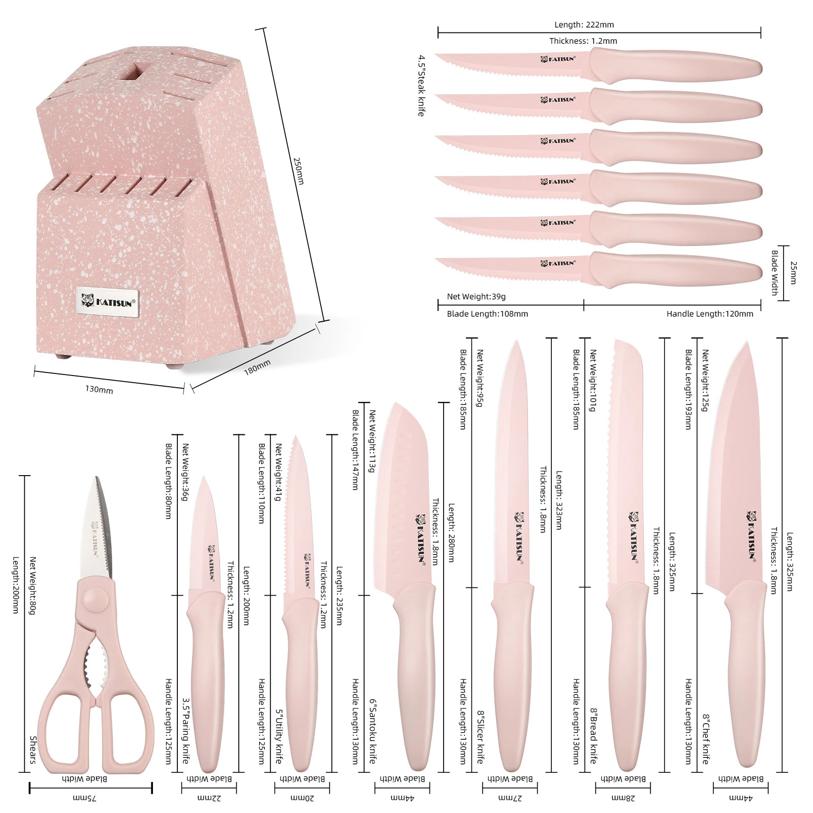 14 Pieces Pink Kitchen Knife Color Block Set , Anti-Rust Color Titanium Coated Carbon Steel, 12 Knives with Shears and Block