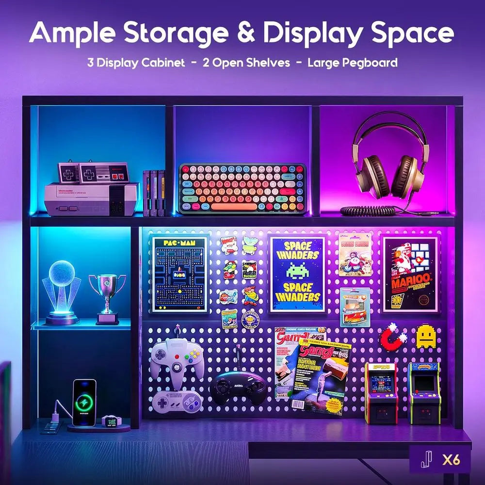 L Shaped Gaming Desk With Hutch, Pegboard, Shelves, LED Lights