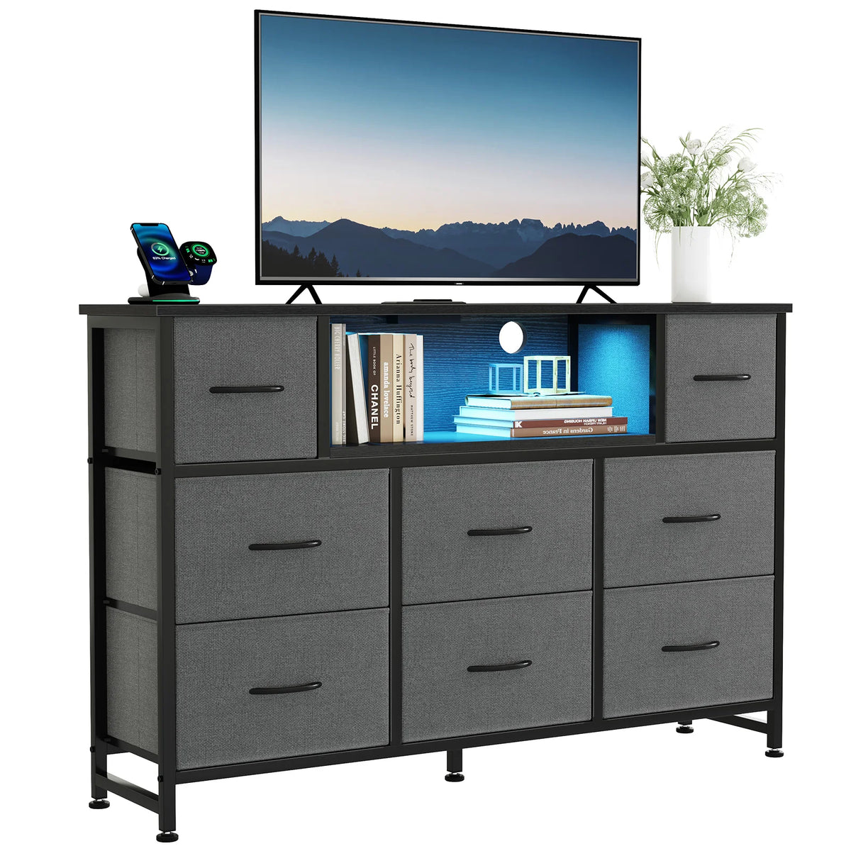 JHK LED TV Stand with Fabric Drawers and Charging Station
