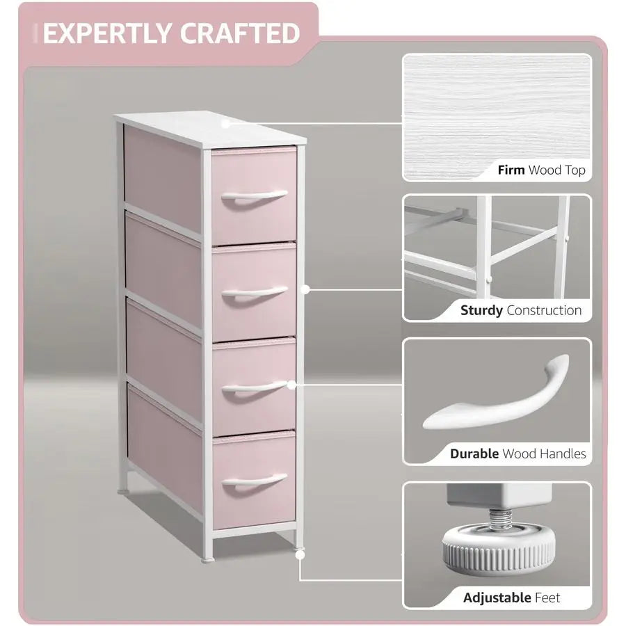 Kids Narrow Dresser with 4 Drawers Vertical Slim Storage Chest of Drawers with Steel Frame, Wood Top amp Easy Pull Fabric Bins f
