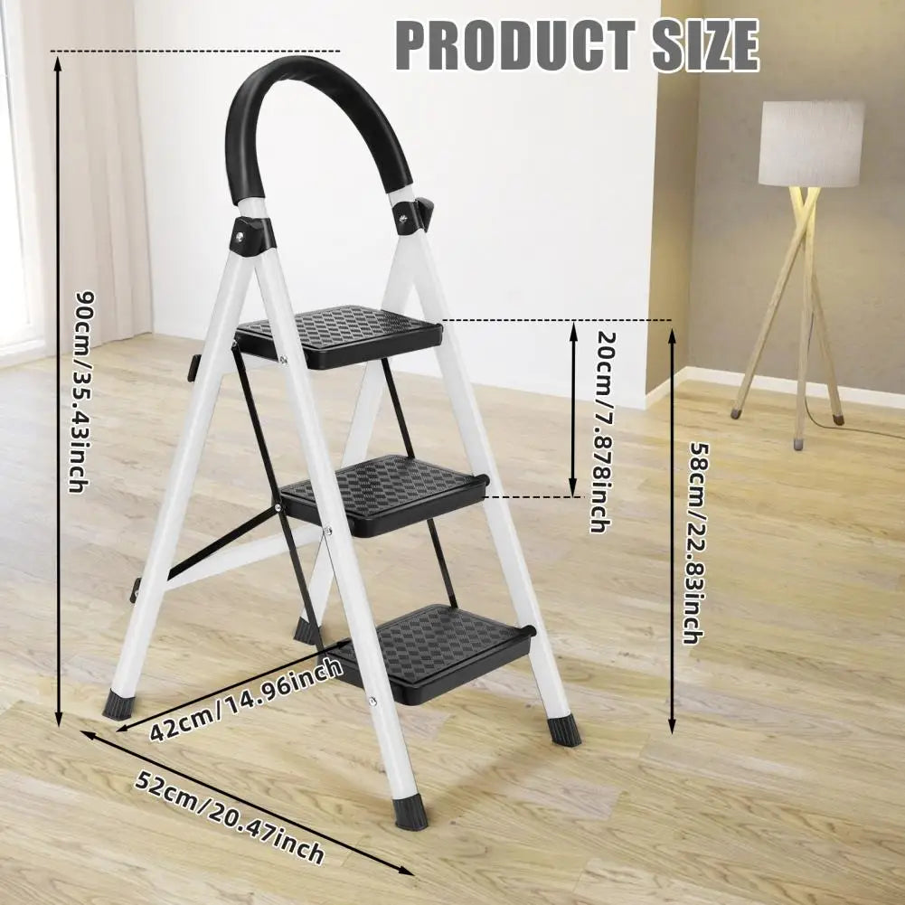 3 Step Folding Step Ladder, Heavy Duty 330lbs Load, Collapsible Stool for Home RV Outdoor Work White Red