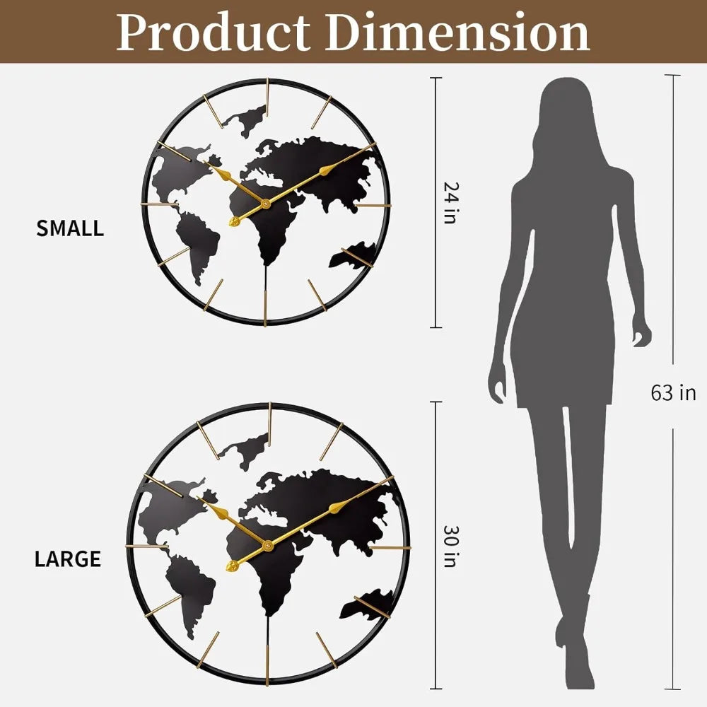 World Map Wall Clock, Metal Minimalist Modern Clock, Round Silent Non-Ticking Battery Operated Wall Clocks for Living Room/Home.