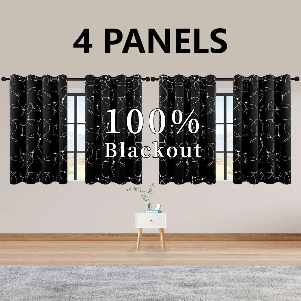 4PCSBlackout Curtains Grommet Thermal Insulated Room Darkening With Circle And Dots Foil Printed For Bedroom