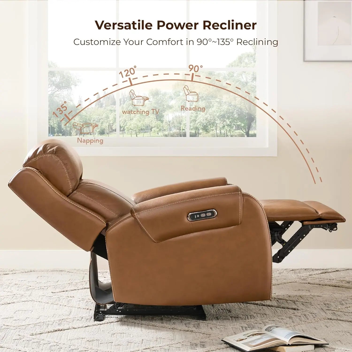 Genuine Leather Power Recliner Chair for Adults, Electric Wall Hugger Recliner with Adjustable Power Headrest & USB/Type-C Ports