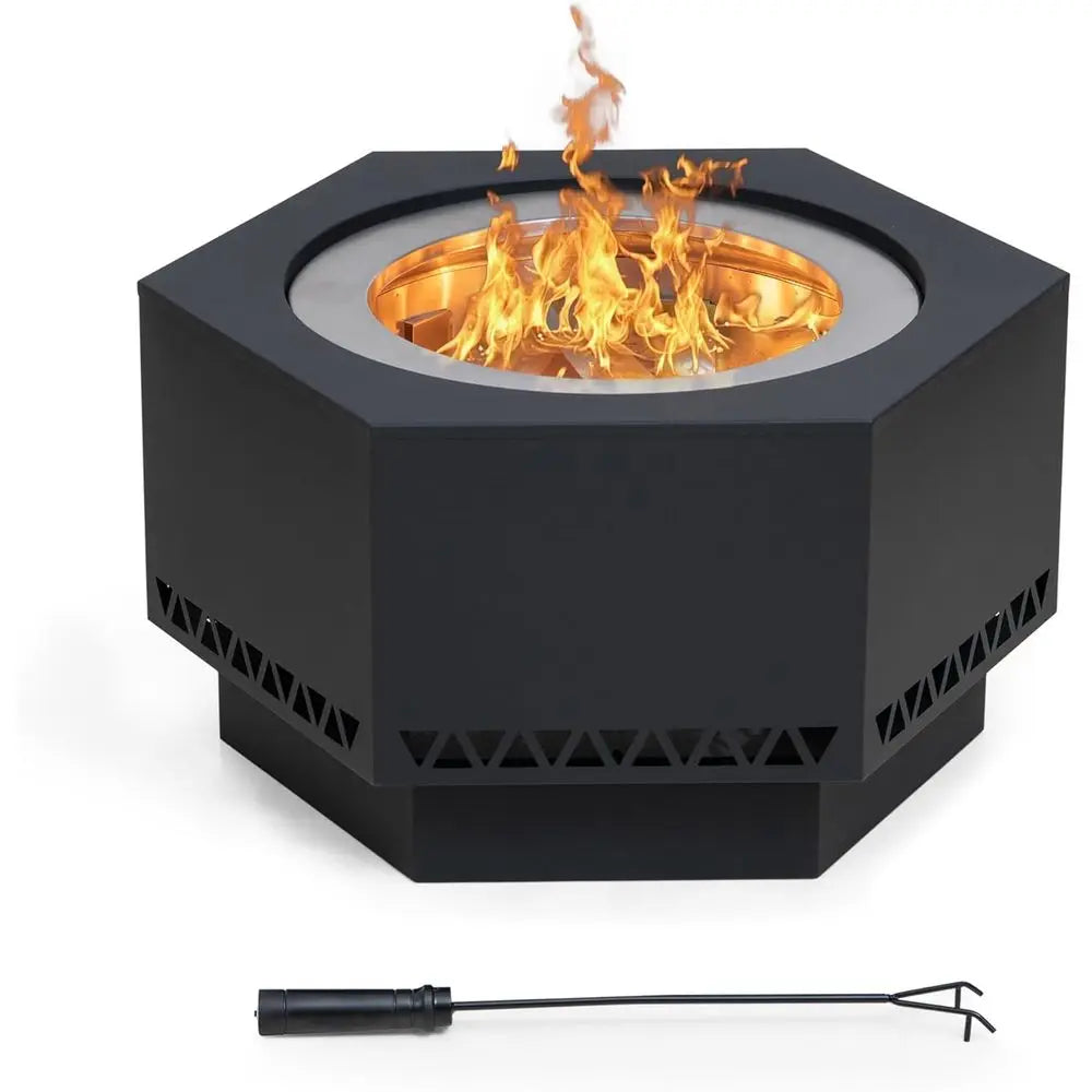 26 Hexagonal Outdoor Wood Burning Fire Pit with Cover and Poker, Smokeless Design, Perfect for Patio and Camping, Black