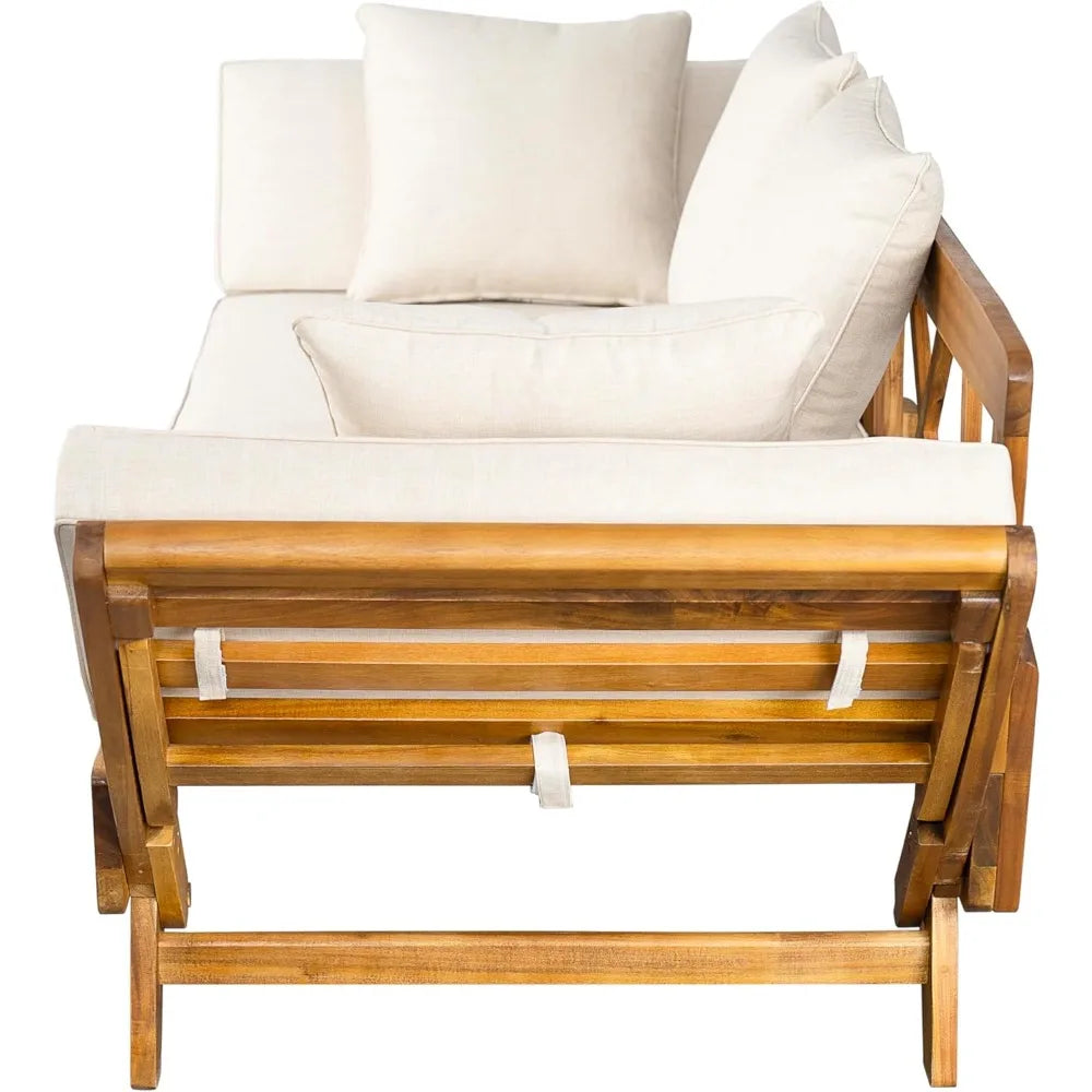Outdoor Patio Daybed Sofa,3-Seat Sofa with Foldable Arm 4 Back Pillows,Teak Acacia Wood Frame Beige Removable Cushion,Teak+ Bei