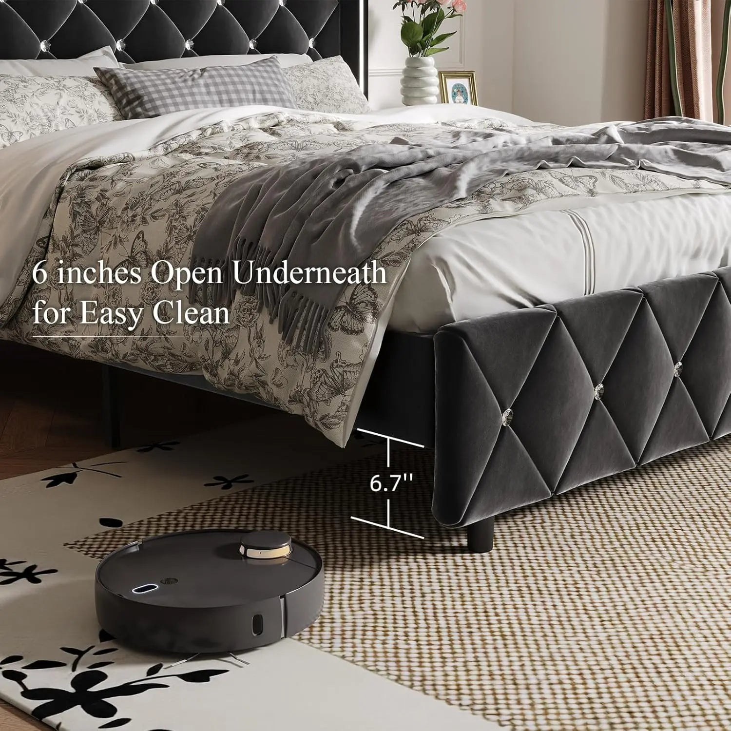 Queen Bed Frame with Headboard, Velvet Upholstered Bed with Wingback and Diamond Tufted Design, Wood Slat Support,, Customized