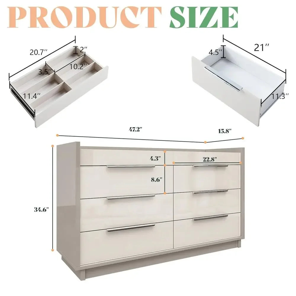 High Gloss 3 Piece Bedroom Furniture Set with 8 Drawer Dresser LED Light & 2 Nightstands Charging Station - Modern Storage