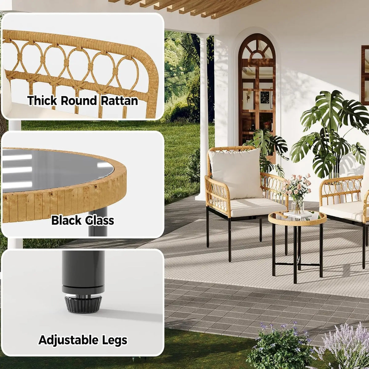 3-Piece All-Weather Boho Wicker Rattan Patio Furniture Set with Sectional Sofa, Metal Frame, and Detachable Cushions - Ideal for Patio, Balcony, Backyard, Deck, and Poolside in Beige