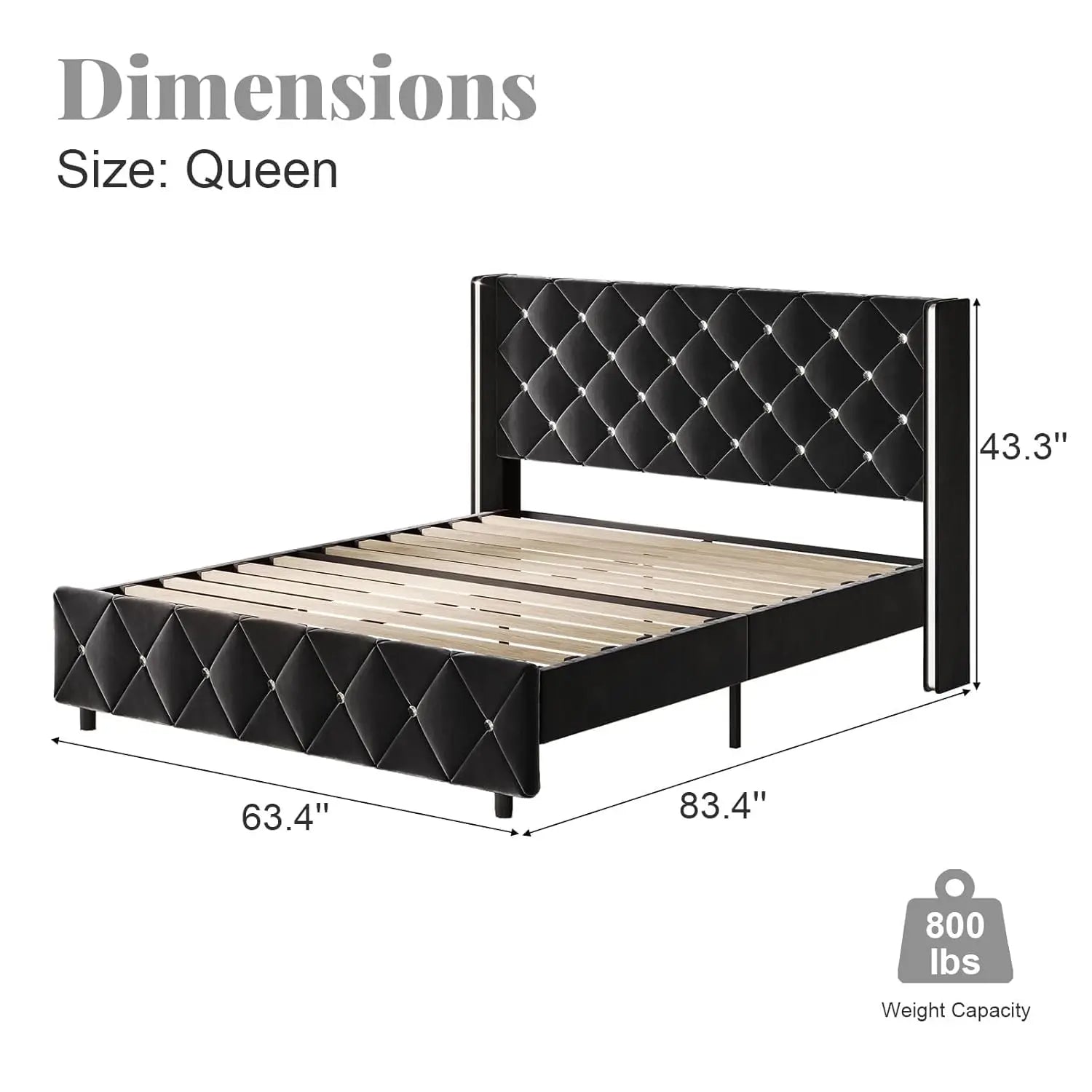Queen Bed Frame with Headboard, Velvet Upholstered Bed with Wingback and Diamond Tufted Design, Wood Slat Support,, Customized