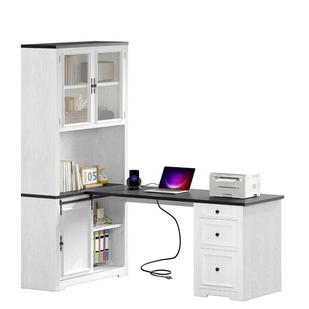 L Shaped Executive Desk With Hutch And Drawers Power Outlet