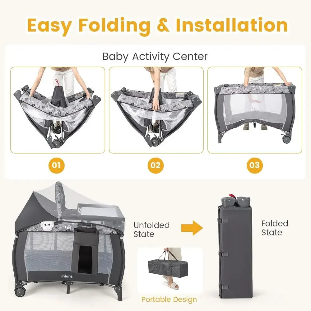 All-in-One Portable Baby Playard with Bassinet, Changing Station, Mosquito Net, Toys, Music, Storage for Toddlers - GreyTime-lim