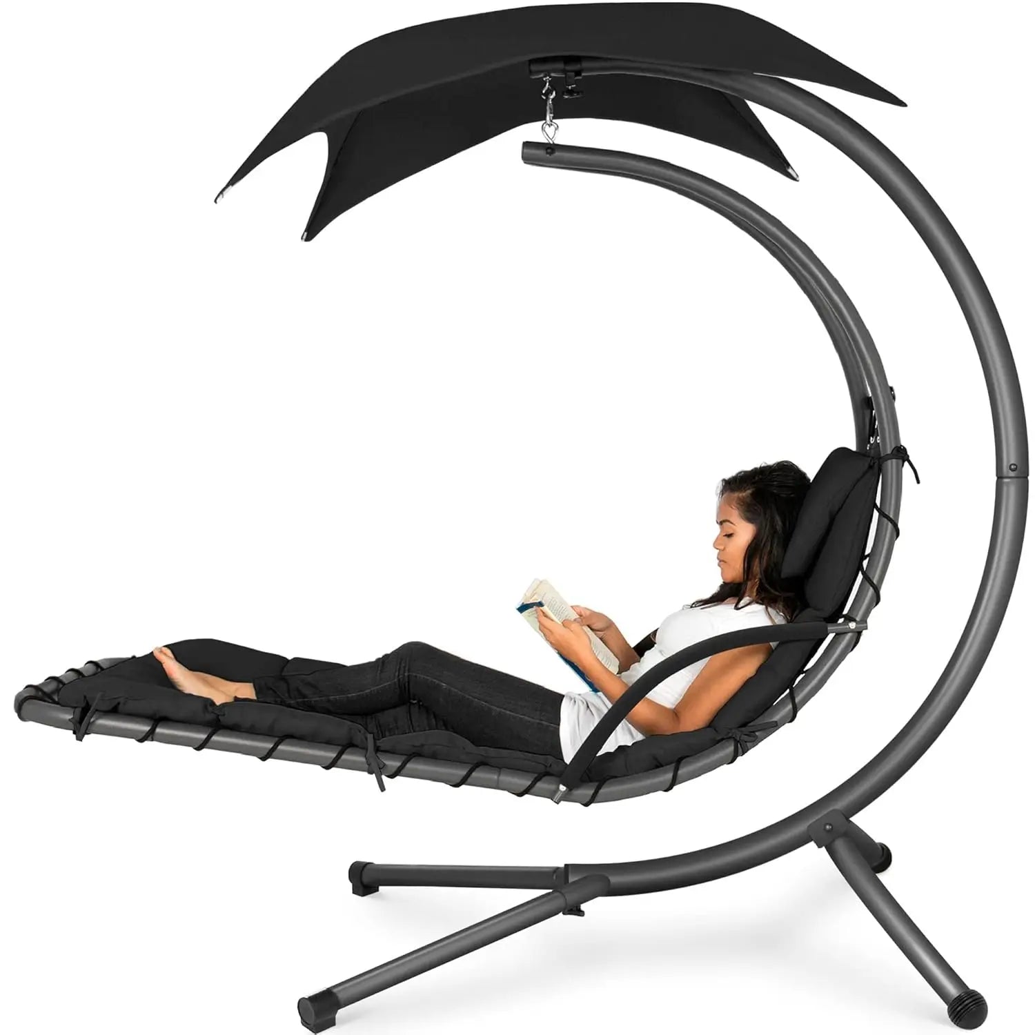 Outdoor Hanging Curved Steel Chaise Lounge Chair Swing w/Built-in Pillow and Removable Canopy - Peacock Blue, Customized