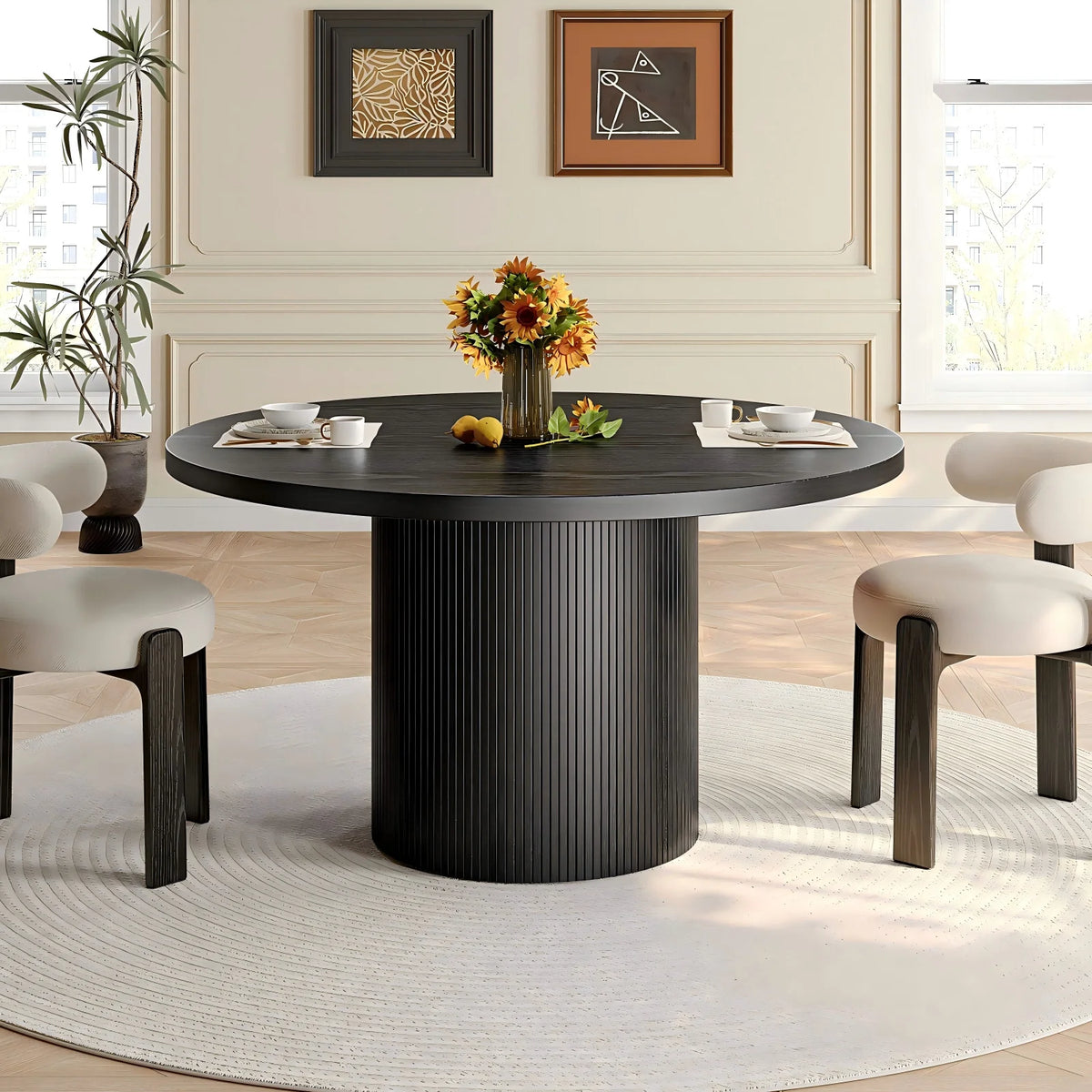 ONBRILL Modern Round Fluted Wood Dining Table for Home Furniture