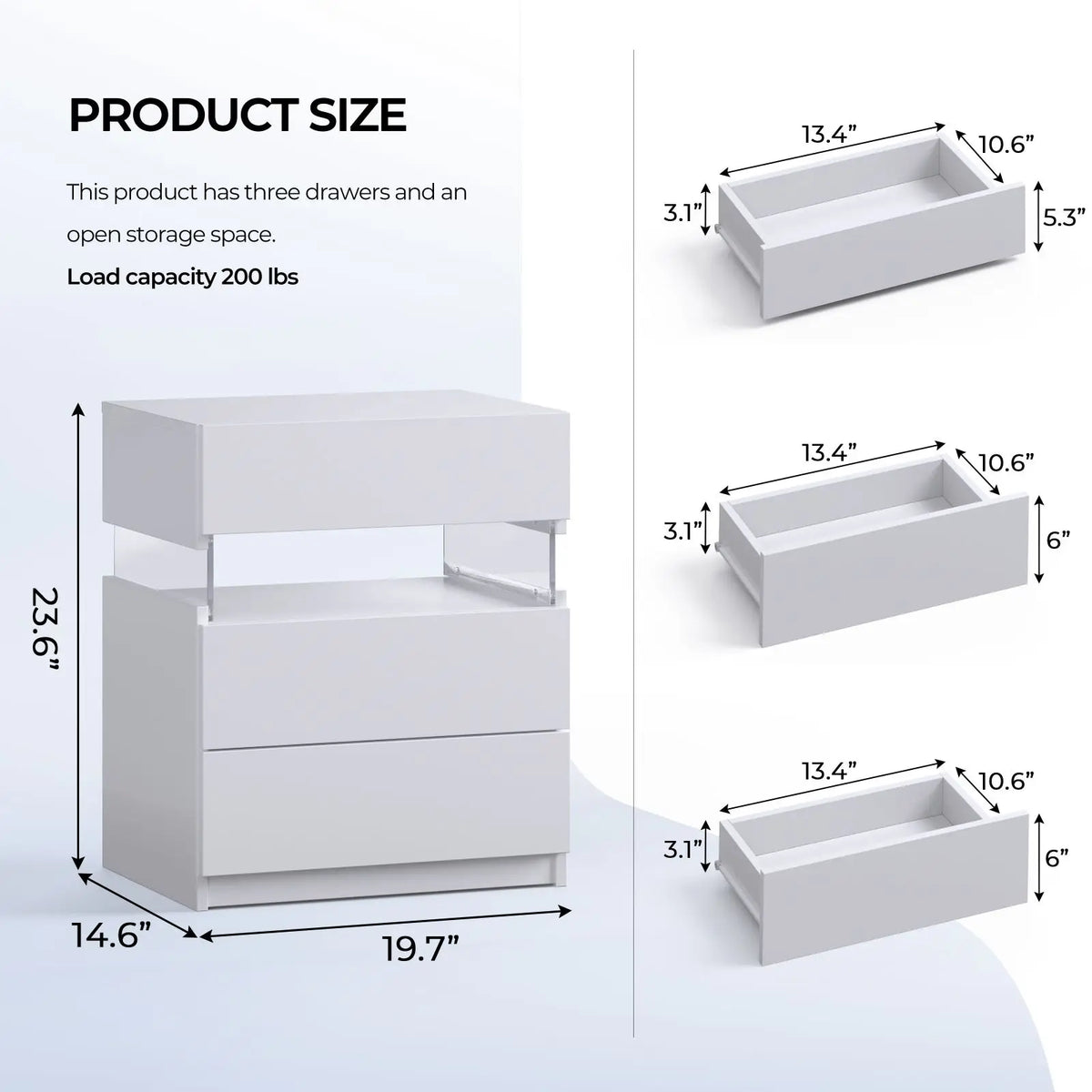 Cubehom LED Bedside Tables with Three Drawers for Bedroom