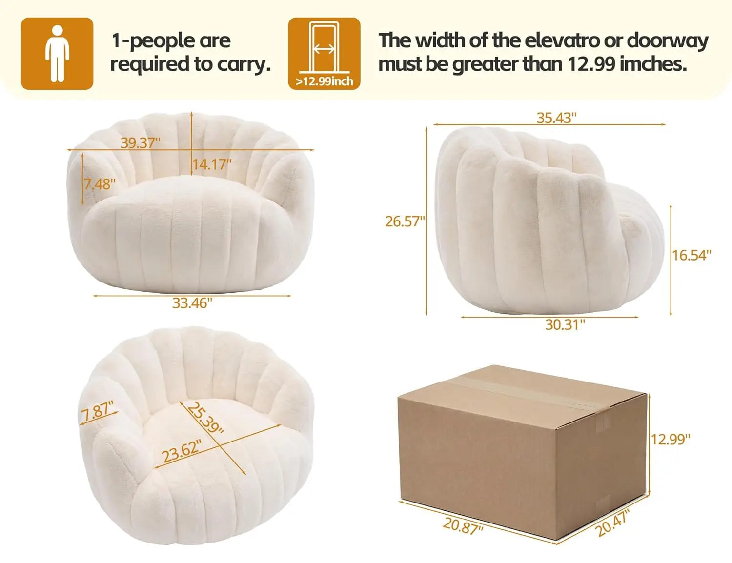Pumpkin-Shaped Bean Bag Chair Ultra Soft Faux Fur Comfy Lounge Sofa Bedroom Living Game Room Beige,Customized