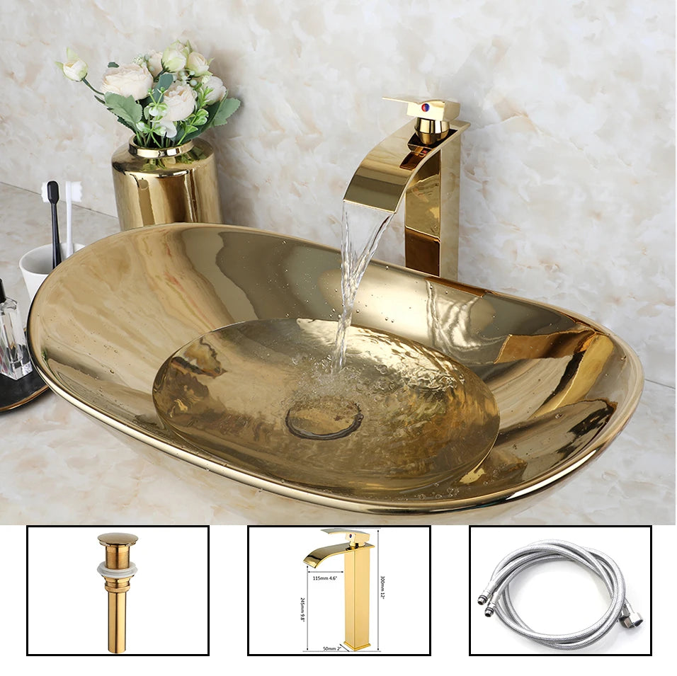 YANKSMART OUBONI Ceramic Luxury Bathroom Vessel Sink Set With Brass Faucet