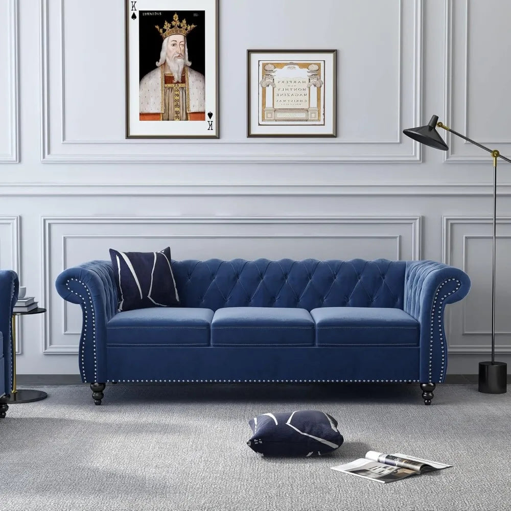 3 Piece Living Room Set, Velvet Chesterfield Sofa Loveseat Couch Chair with Scroll Arms and Nailhead for Living Room, Office (Bl