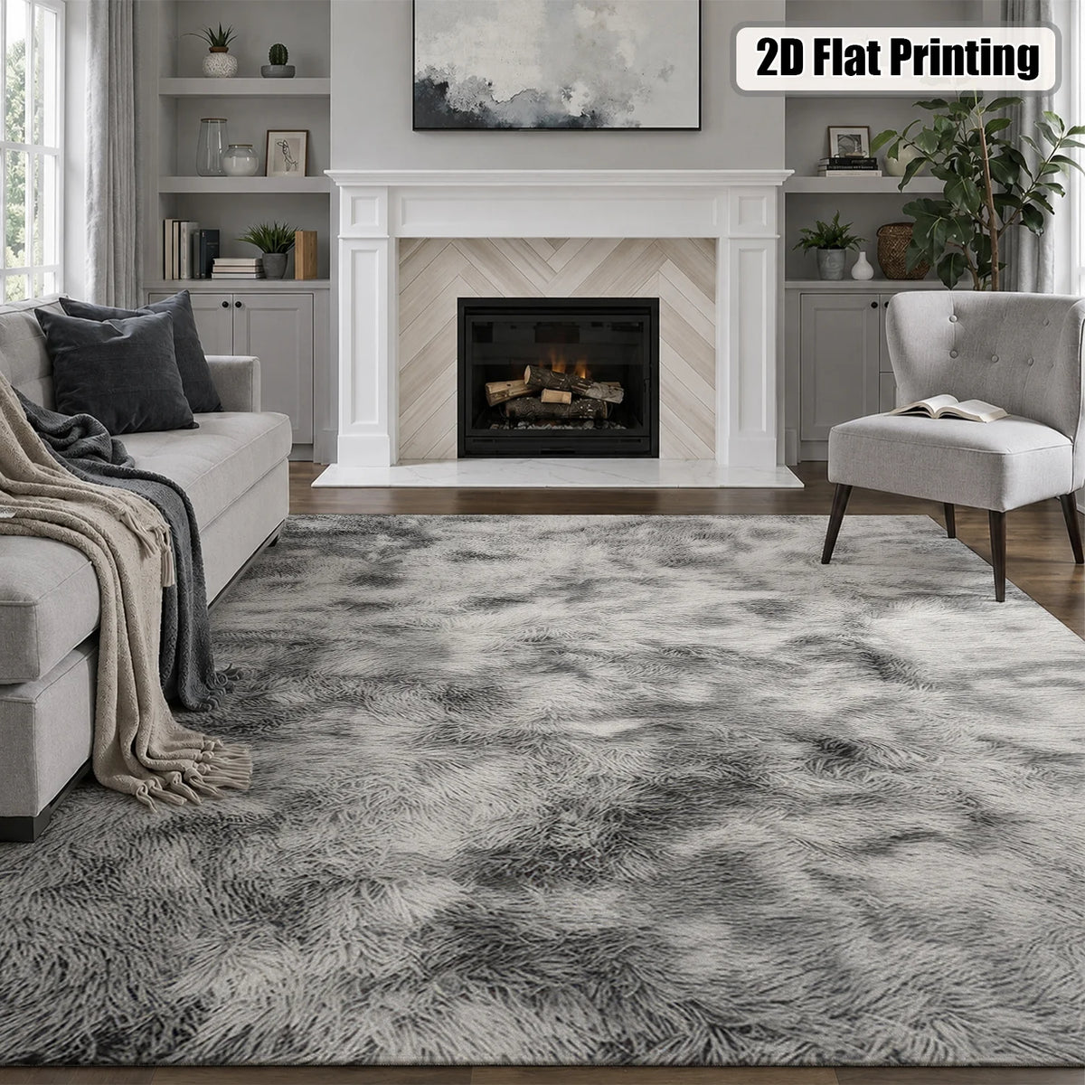 Large Indoor Shaggy Velvet Area Rug, Soft Low Pile, Non-Slip Dotted Backing, Machine Washable, Gray Tie-Dye Pattern, Ideal for Living Room, Bedroom, Cozy Plush Home Floor Decor