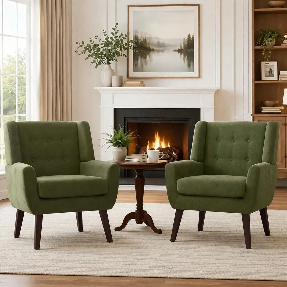 Button Tufted Accent Chair Set of Two with Wooden Legs