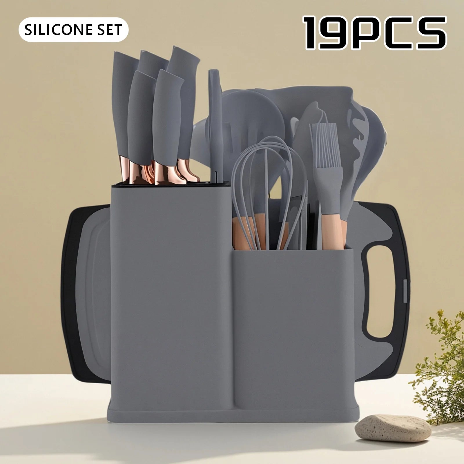 19-in-1 Kitchen Knife & Silicone Utensil Combo Set, Heat Resistant Cooking Tools with Detachable Storage Organizer