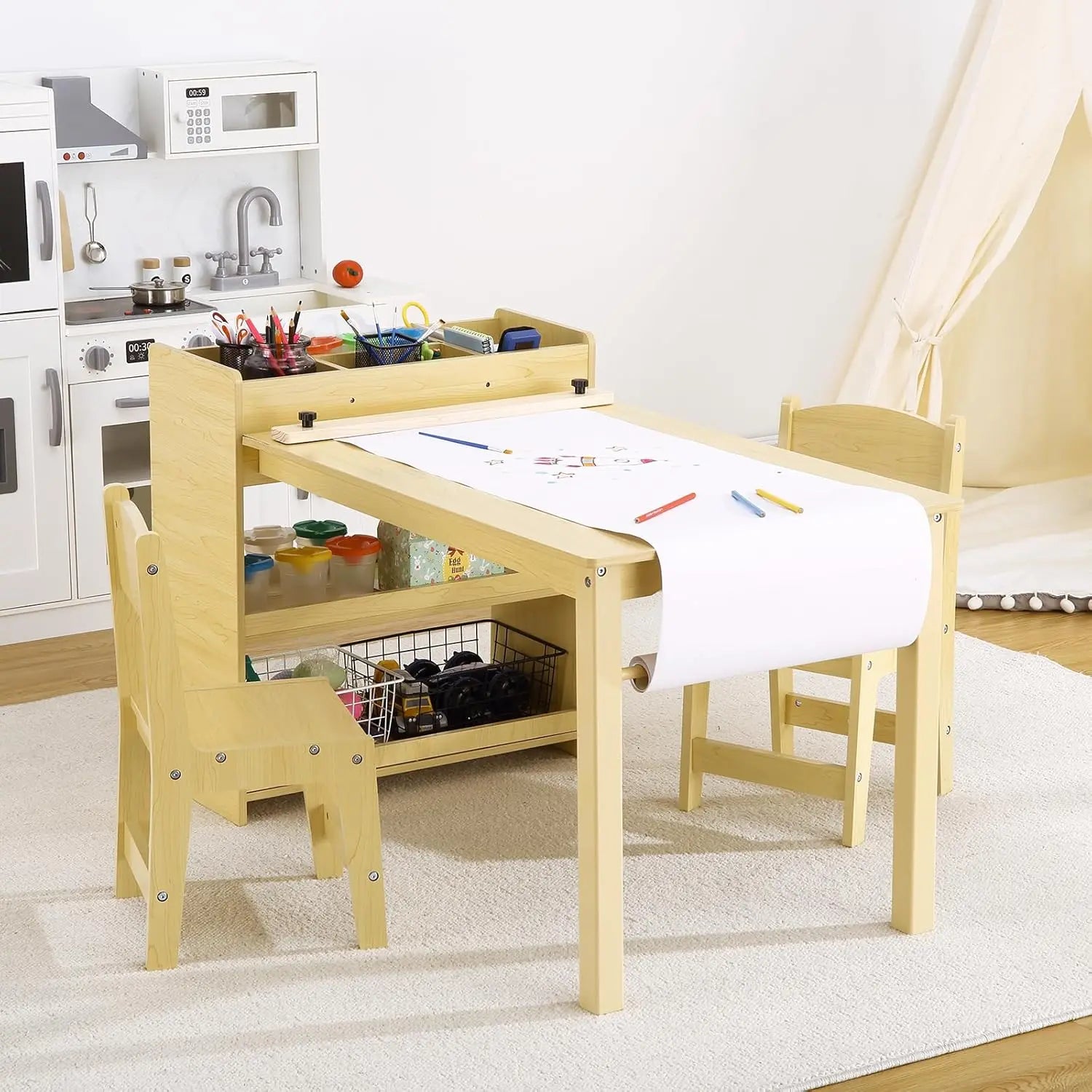 Kids Art Table with 2 Chairs, Toddler Craft Play Wood Activity Desk with Large Storage Shelves for Children&