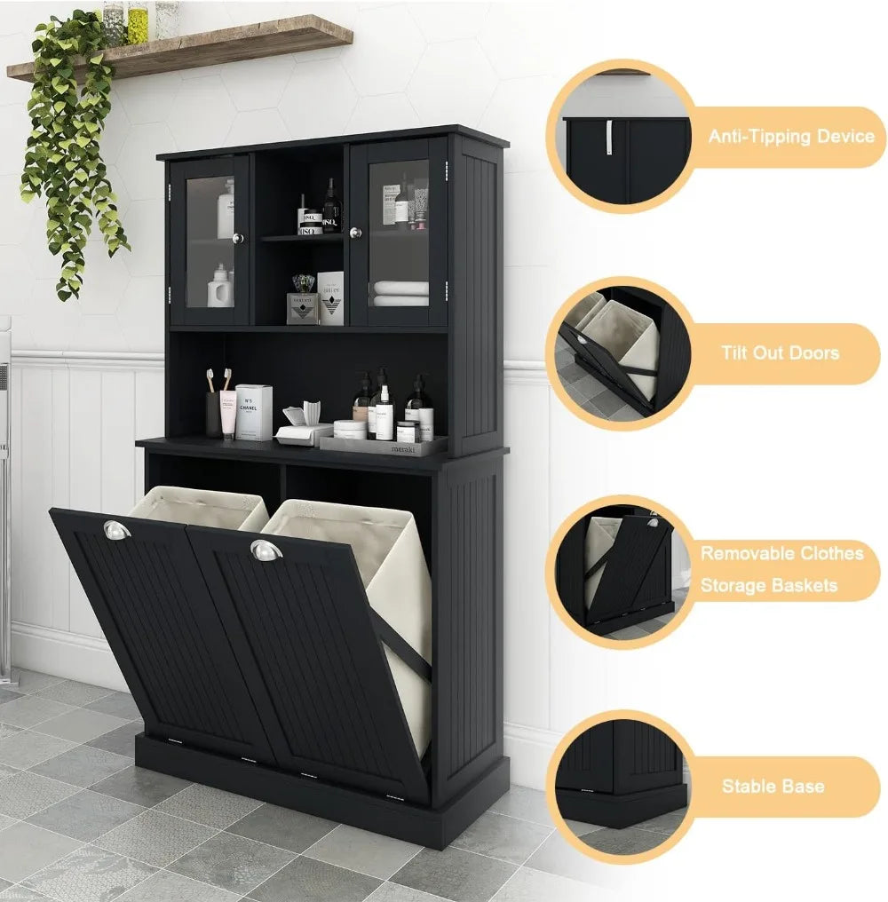 Tall Tilt Out Laundry Hamper Cabinet with 2 Removable Baskets, Hidden Storage & Glass Doors for Bathroom, Black