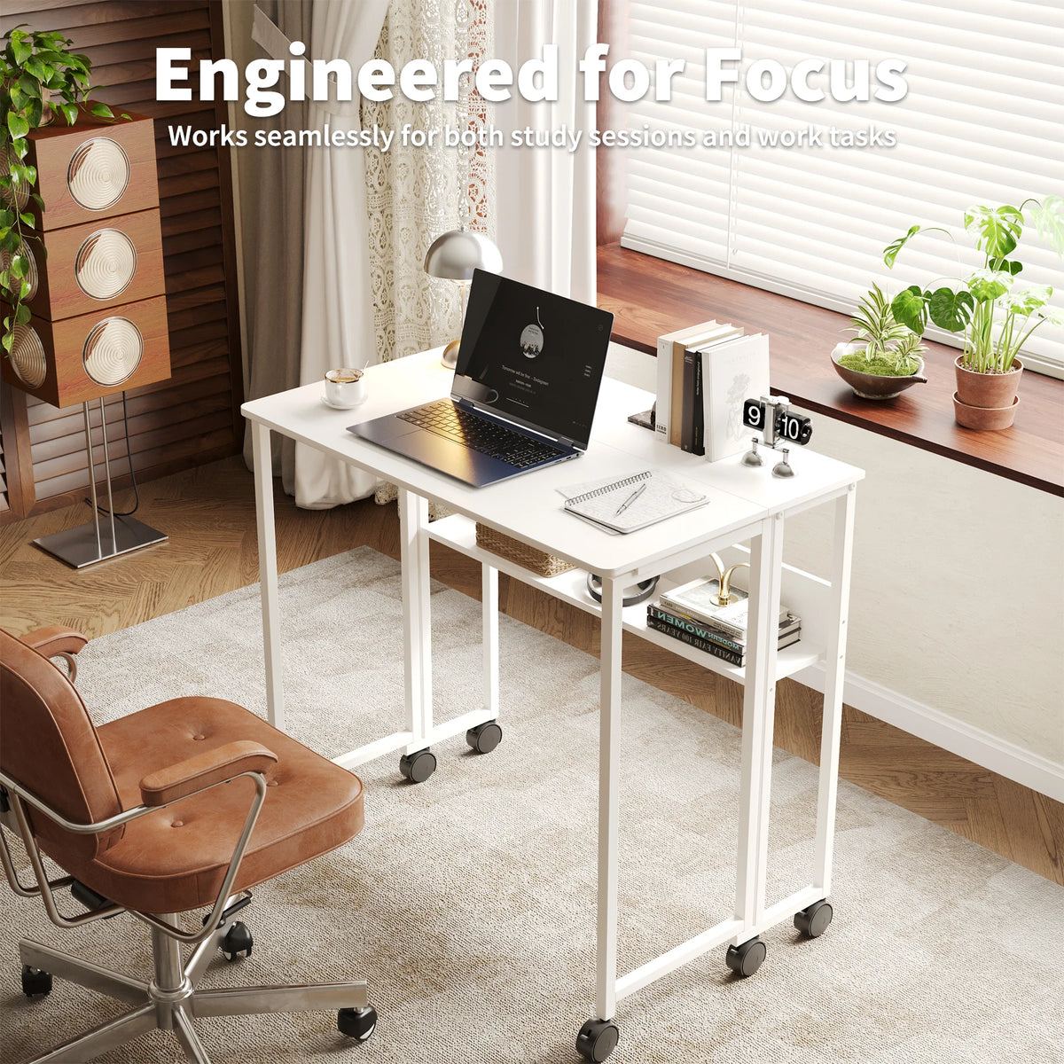 HOSSLLY Folding Computer Desk With Wheels And Storage Shelf
