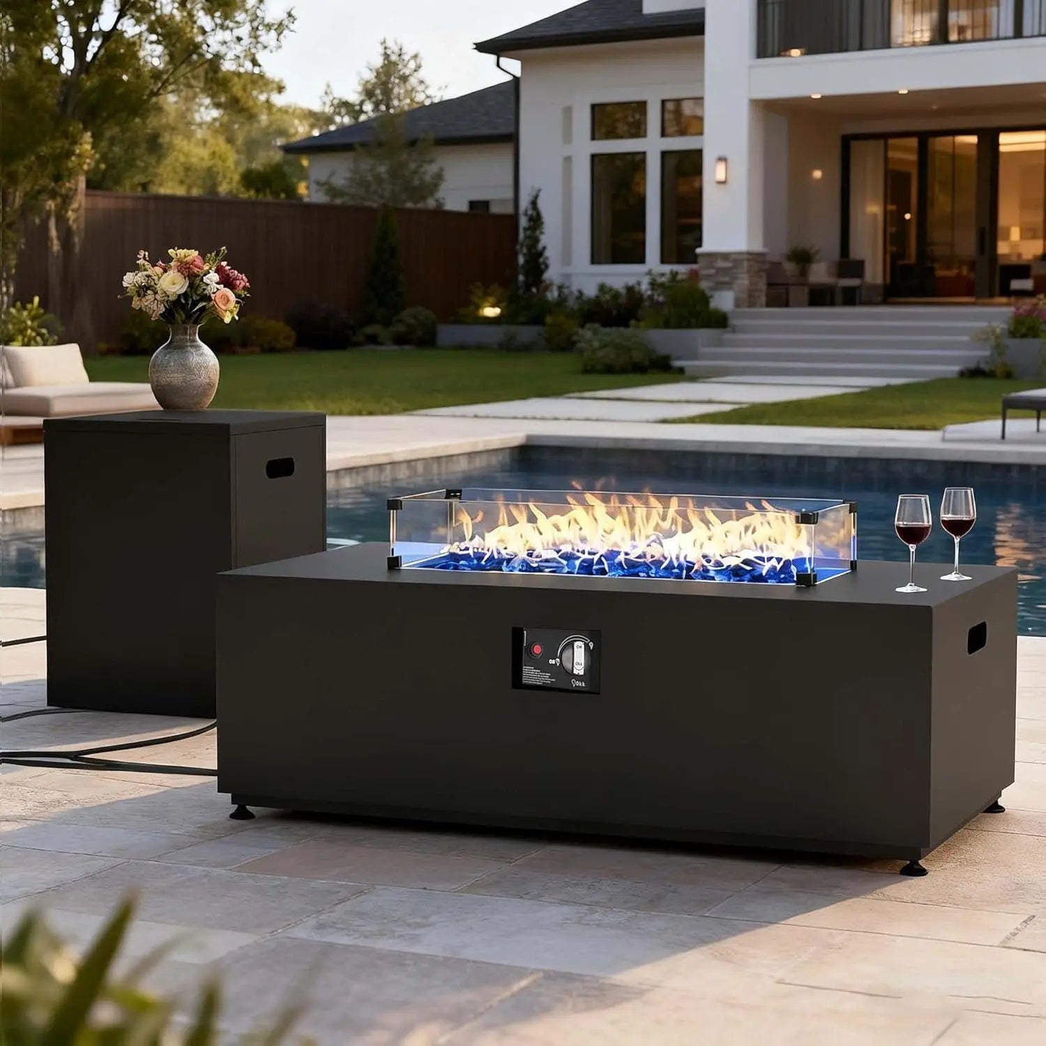 42 Inch Outdoor Fire Pit Table for Outside Patio, 55000BTU Rectangle Propane Firepit , Waterproof Cover and Lid