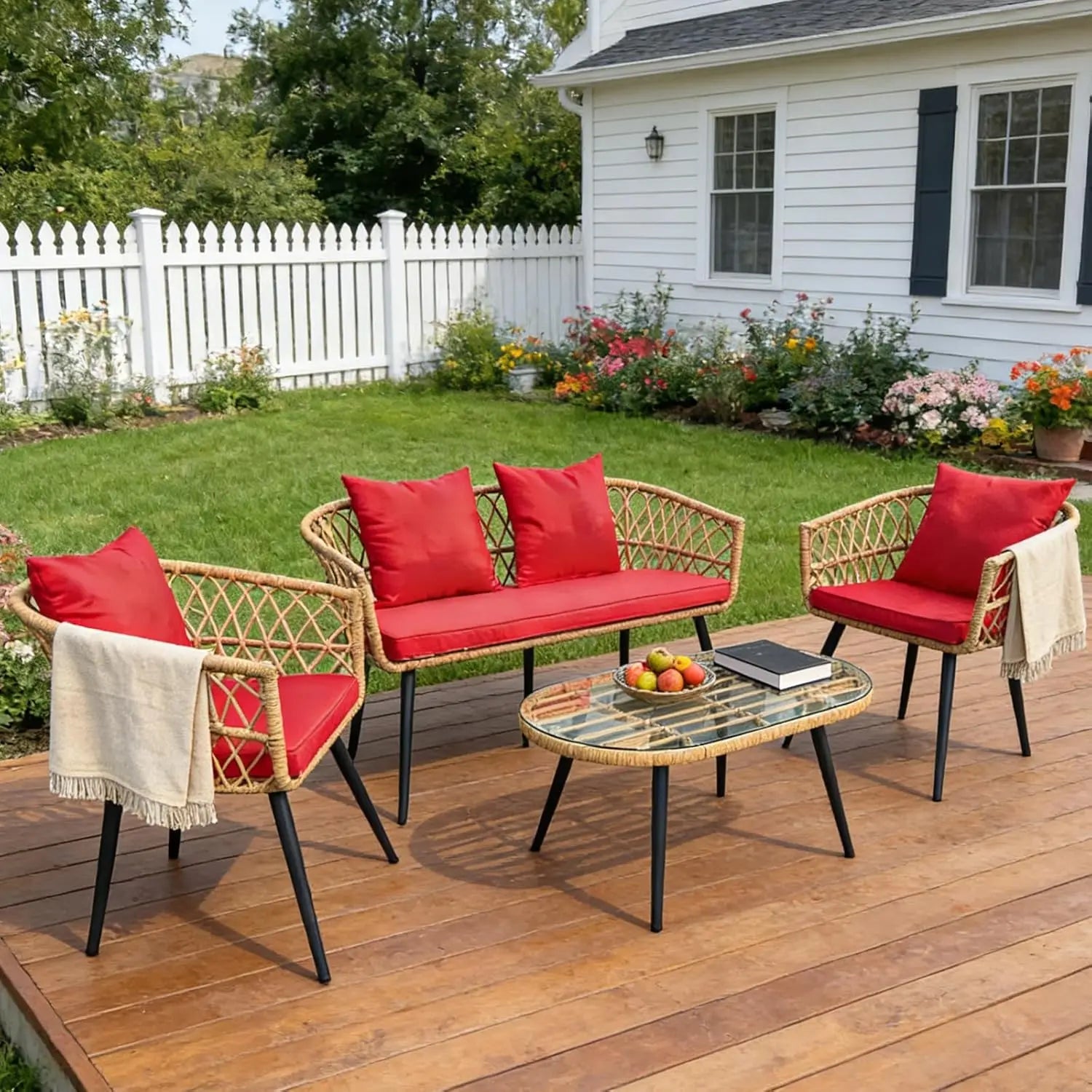 4 Piece Patio Furniture Set,Outdoor Conversation Set with Wicker Sofa, 2 Rattan Chairs and Glass Table, Patio, Customized