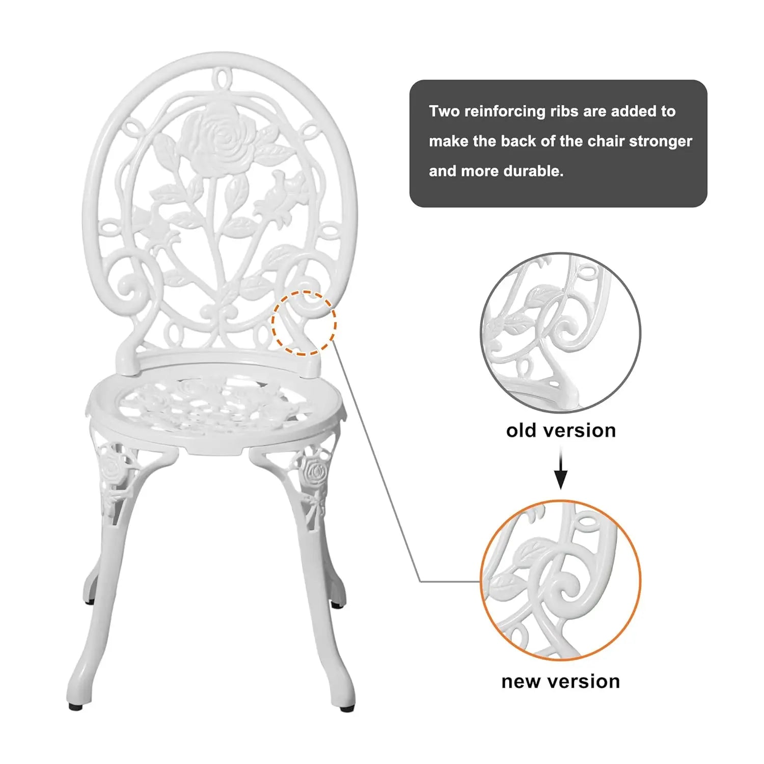 3pc Cast Aluminum Bistro Set, Rose Pattern Outdoor Garden Balcony, Rust & All-Weather Resistant, White, Customized