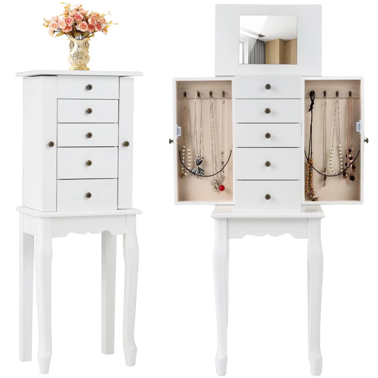White Standing Jewelry Armoire Cabinet with 4 Drawers Flip Top Mirror Top Compartments 2 Side Doors 8 Necklace Hooks Freestandin