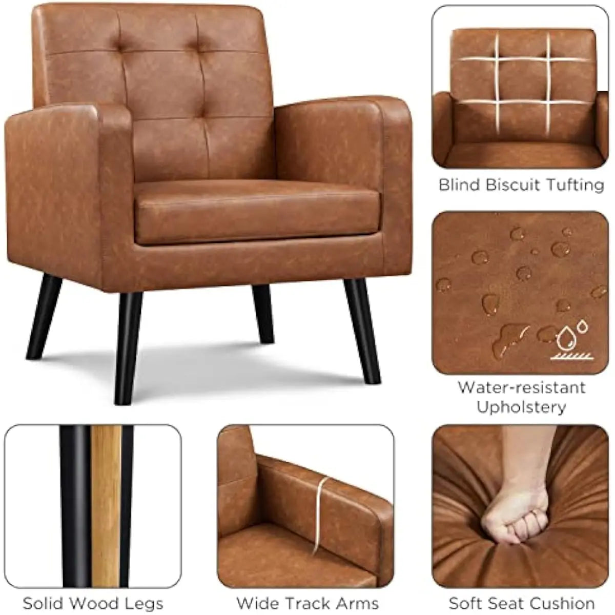 Mid Century Modern Faux Leather Tufted Armchairs With Rubberwood Legs