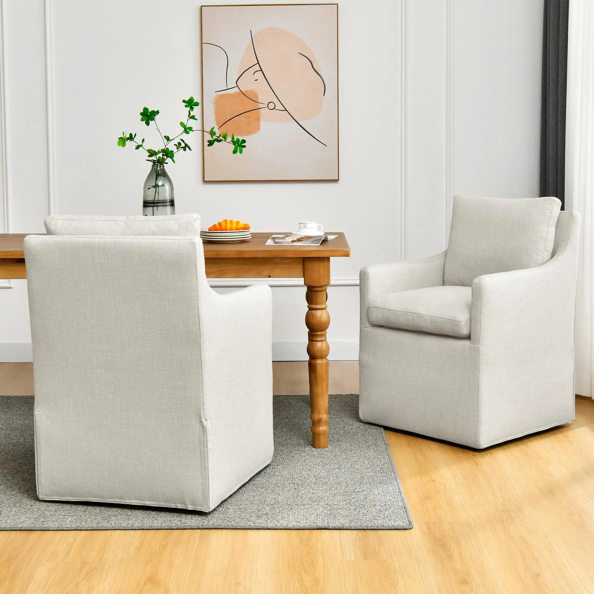 DUHOME Linen Upholstered Dining Armchair Single Sofa with 4 Casters Accent Chair for Living Room