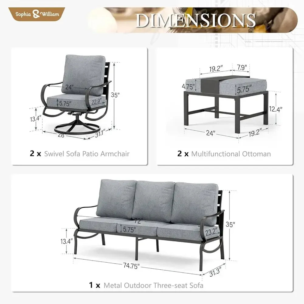 BestsellerGrey 5-Piece Outdoor Metal Patio Furniture Set with Swivel Chairs and Ottomans