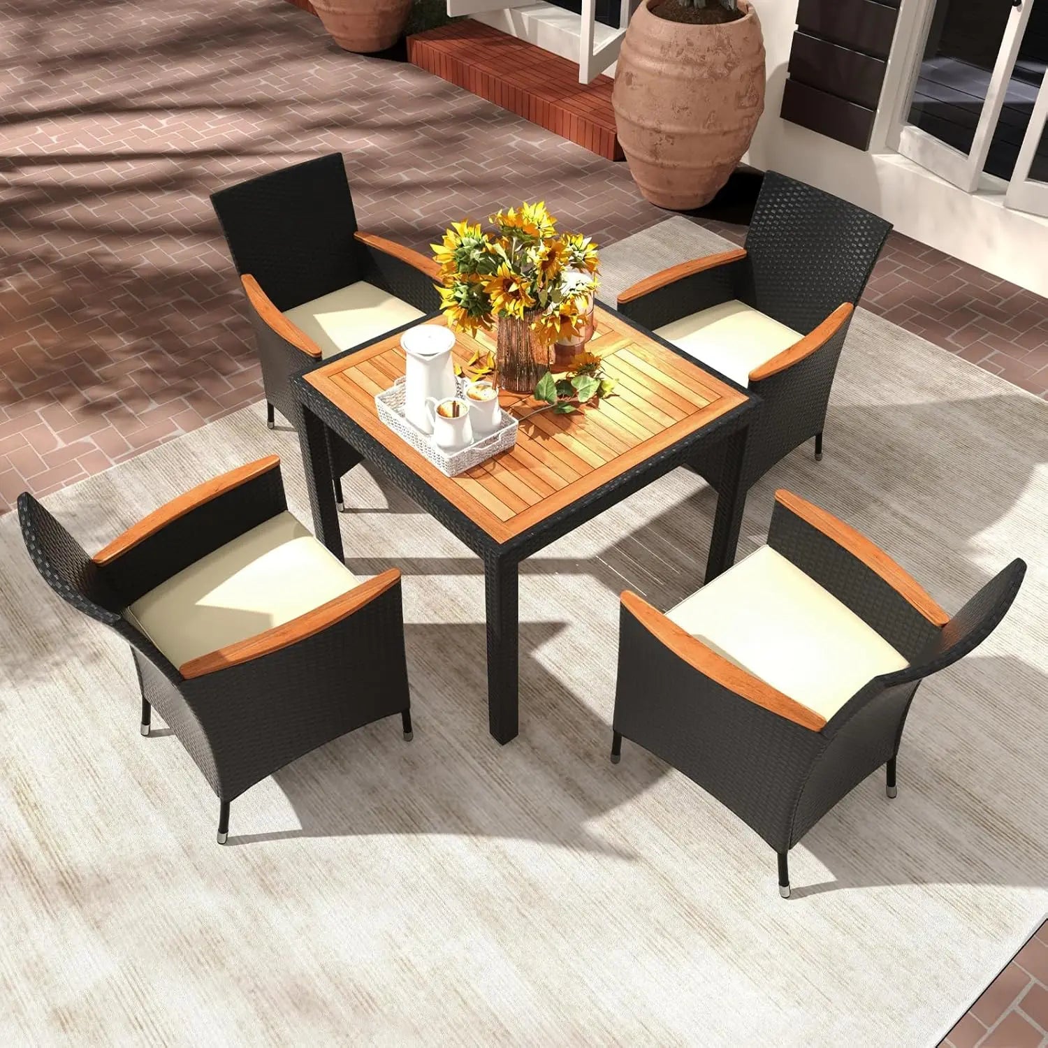 5 Pieces Rattan Outdoor Dining Set for 4,Outdoor Acacia Wood Table Set with 4Cushioned Wicker Chairs,Patio Dining Furniture Sets