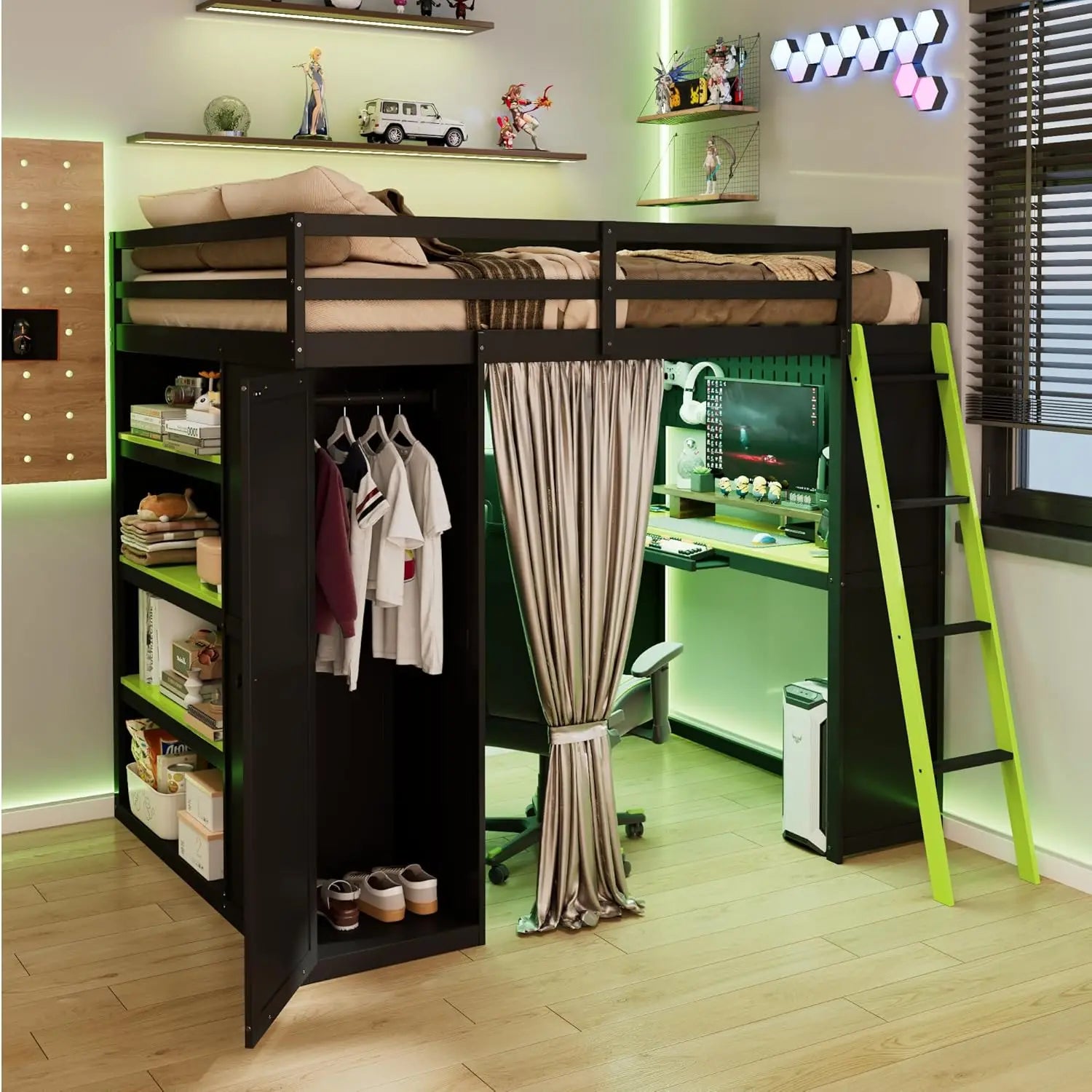 Full Wood Gaming Loft Bed Desk Storage Shelves LED Charging Station Kids Bedroom No Box Spring, Customized