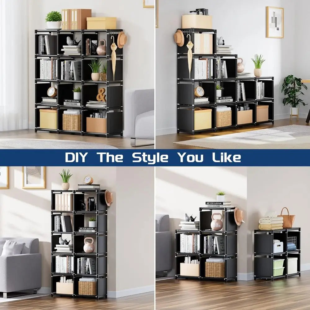 Book Shelf, 12 Cube Storage Organizer, DIY Bookcase, Metal Bookshelf,Tall Book case for Bedroom, Living Room,Office,Closet, Blac