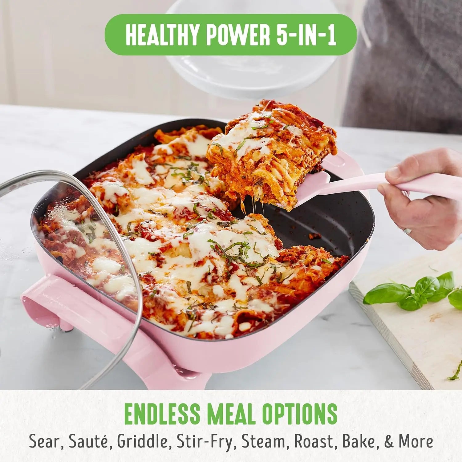 GreenLife 12" Square Electric Skillet with Glass Lid, Ceramic Nonstick, Adjustable Temp, Cool Handles, Pink