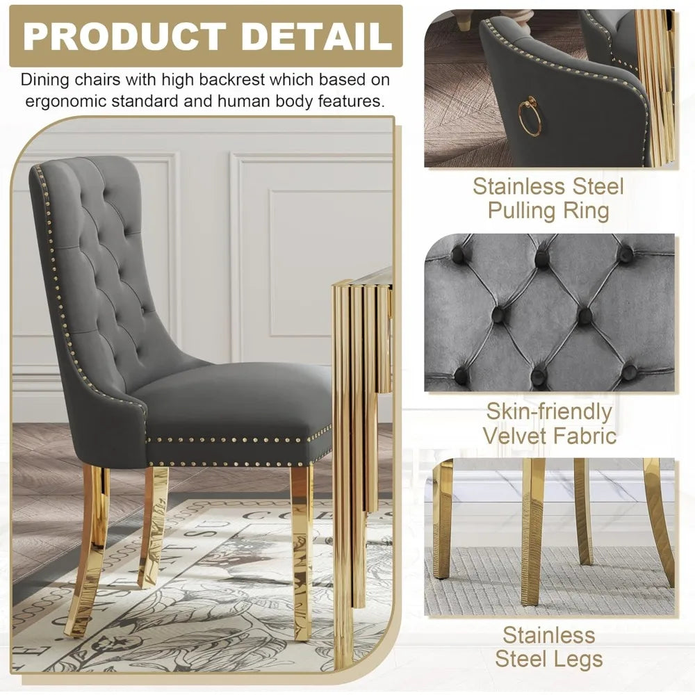 5 Piece Glass Dining Table Set for 4, 53" Rectangle Kitchen Table with 4 Gray Velvet Upholstered Chairs, Tempered Glass Tabletop