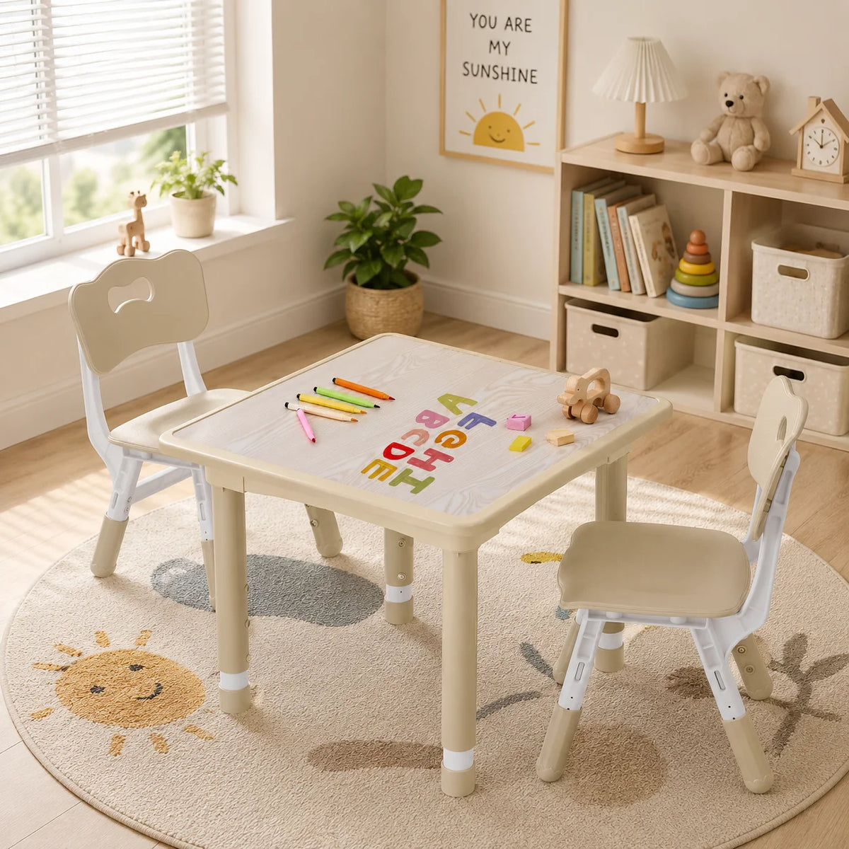 Adjustable Kids Table Set With Two Chairs For Montessori Art Learning