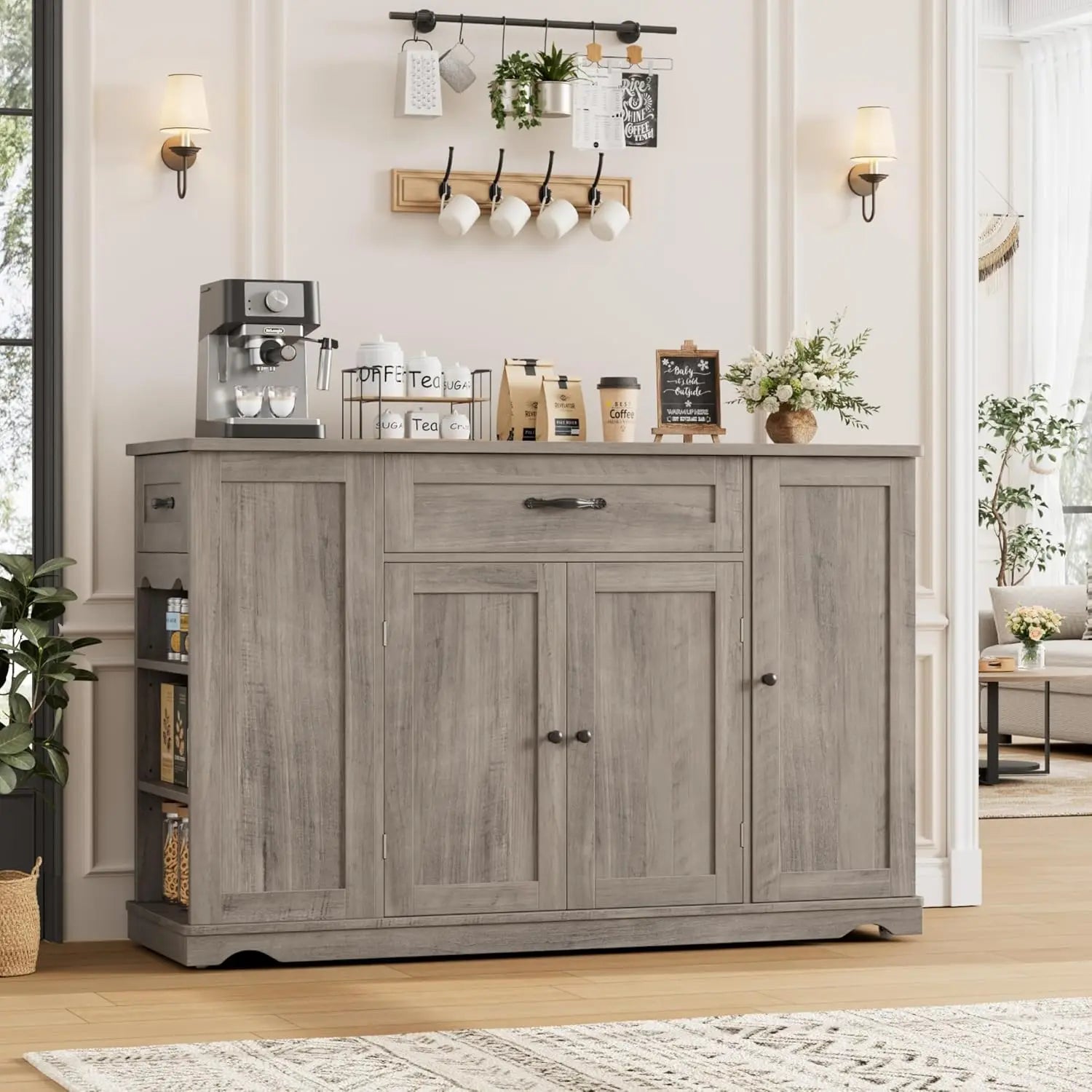 47" Rolling Kitchen Island Cart with Storage Drawers Adjustable Shelves Buffet Sideboard Dining Room Custom