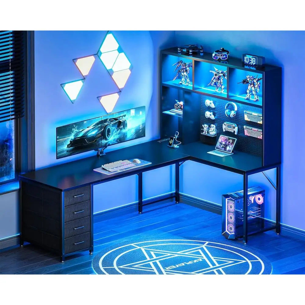 L Shaped Gaming Desk With Hutch, Pegboard, Shelves, LED Lights