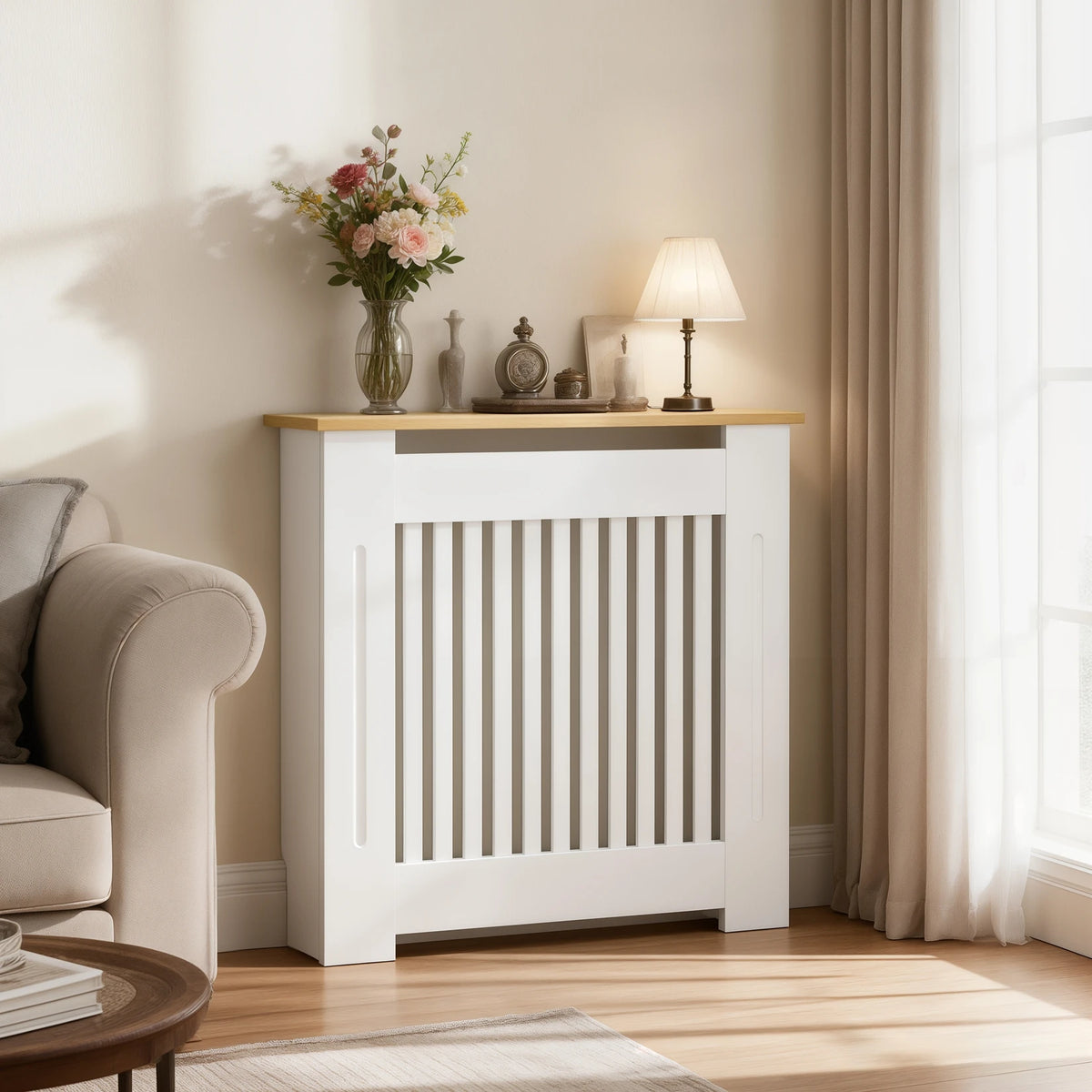 Modern Radiator Cover Decorative Heater Protector Wall Vertical Slat Grill Shelf with MDF Wood Top