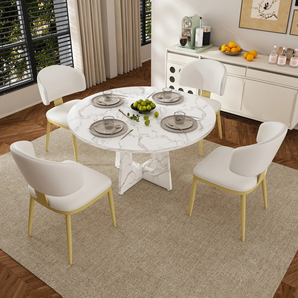 5 Piece Round Dining Table Set for 4, 47 Inch Farmhouse Kitchen Table with 4 Chairs, Black Wood Grain Finish, PU Leather Seats, Easy Assembly