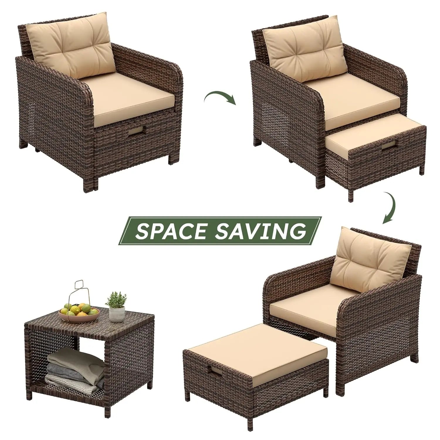 5 Piece PE Outdoor Furniture Set Soft Cushions Coffee Table Hidden Ottoman Porch Lawn Garden Balcony, Customized
